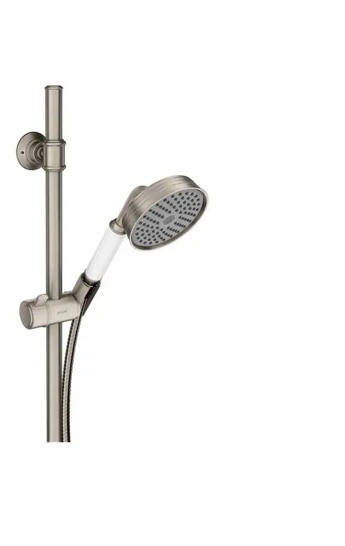 Handbrause von AXOR an einer Wandhalterung, mit flexiblem Schlauch und geformtem Griff. Die Brause hat eine runde Kopfplatte mit mehreren Wasserauslässen.